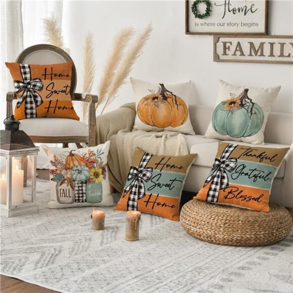 Fall Pumpkin Home Sweet Home Throw Pillow Covers, 18x18 Inch Autumn Thankful - Picture 2 of 7
